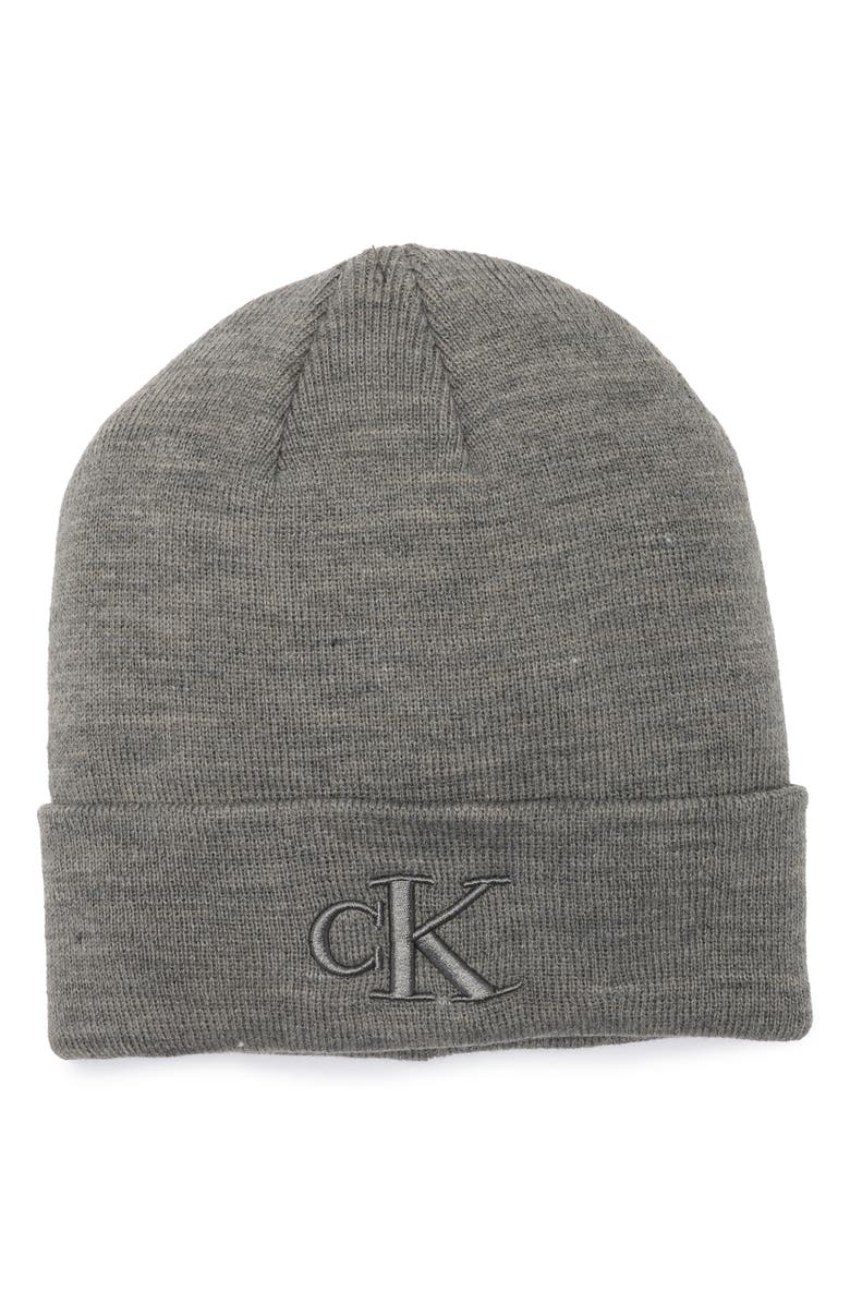 Calvin Klein 3D Embroidered cK Monogram Cuff Beanie, Main, color, Medium Grey Heather
