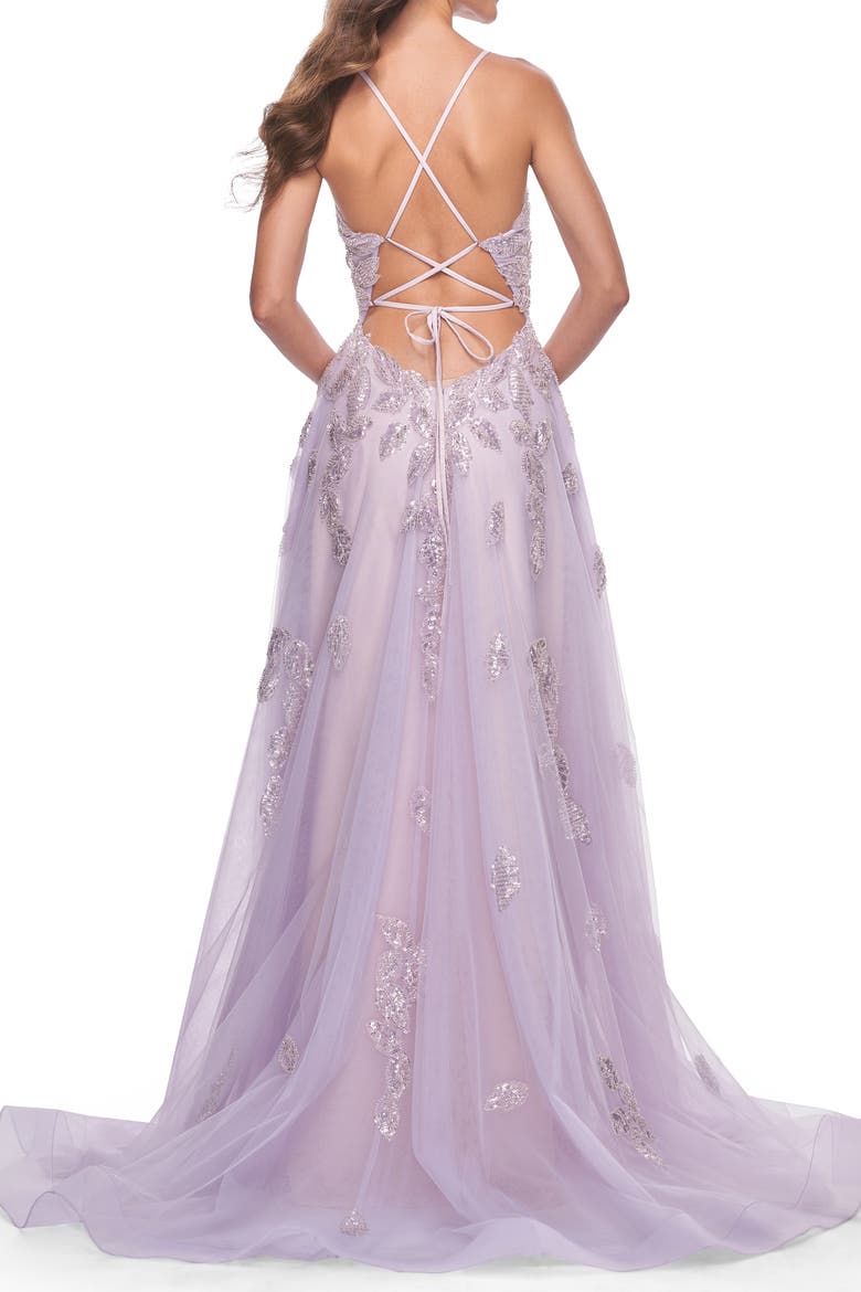 Two Tone Tulle A-Line Prom Dress with Floral Beaded Detail, Alternate, color, Lavender