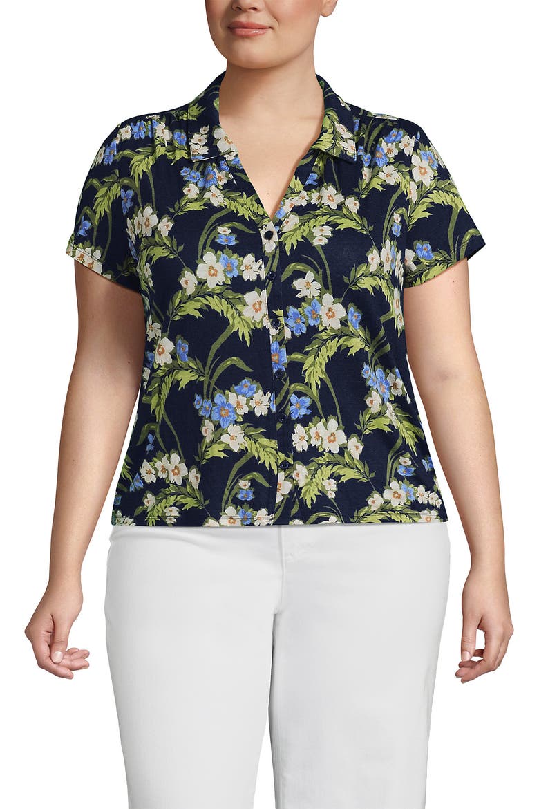 Linen Blend Short Sleeve Button Front Polo Top, Alternate, color, Deep Sea/Blue Floral Tropic