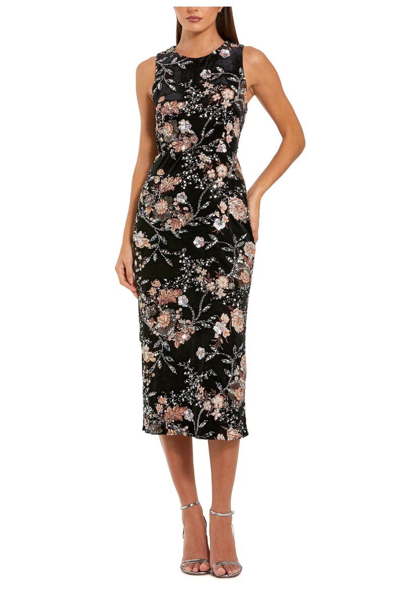 Mac Duggal Embroidered Velvet High Neck Sleeveless Midi Dress, Main, color, Black Multi