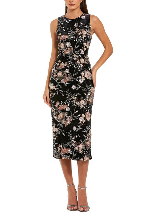 Embroidered Velvet High Neck Sleeveless Midi Dress