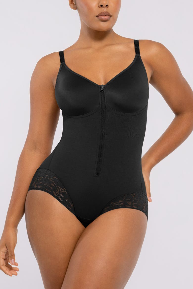 Tummy Control Zip-Up Brief Bodysuit, Alternate, color, Black