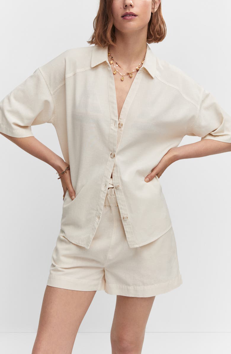 MANGO Short Sleeve Cotton & Linen Button-Up Shirt, Alternate, color,