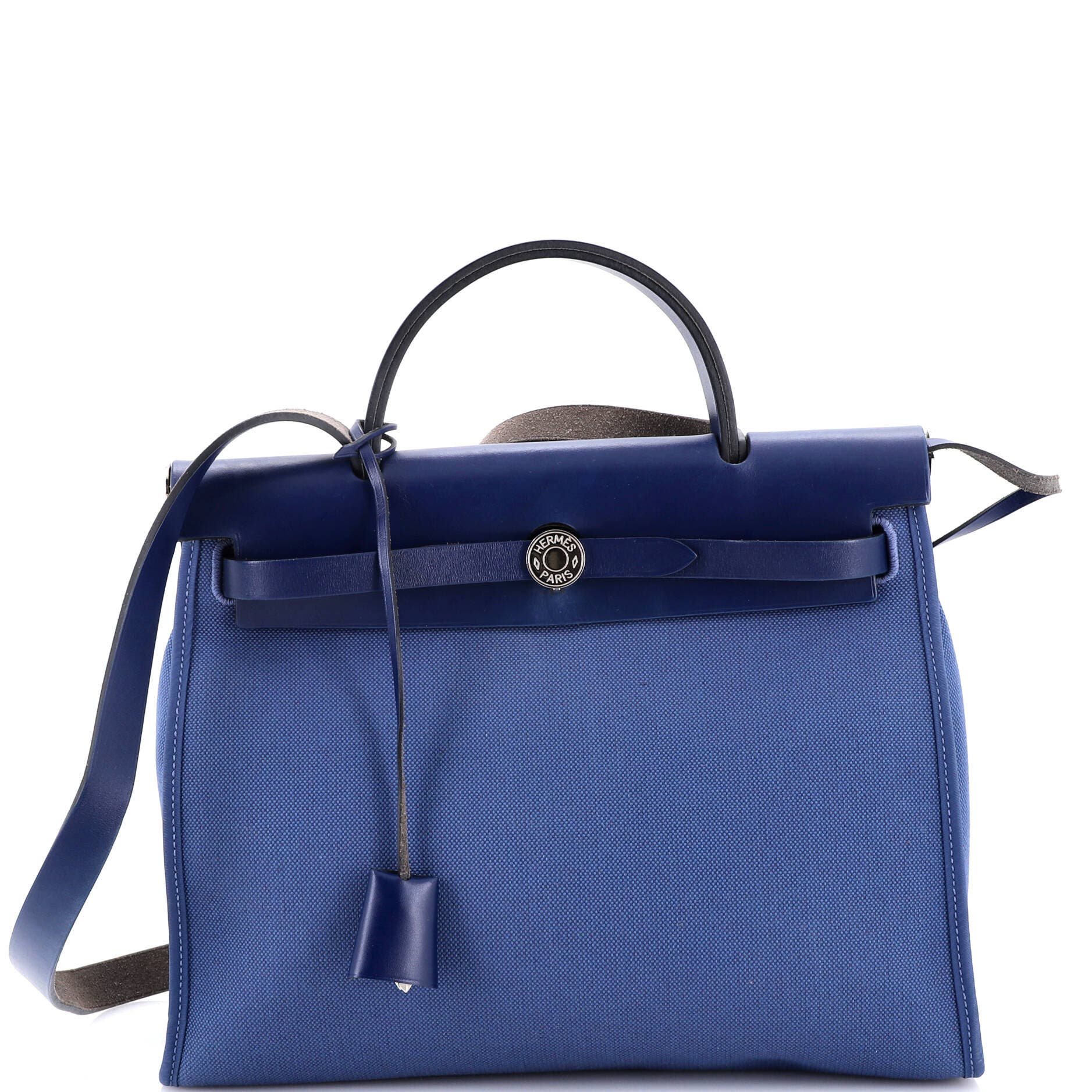 Pre-Owned Hermes Herbag Zip Leather and Toile 31, Main, color, Bleu Saphir