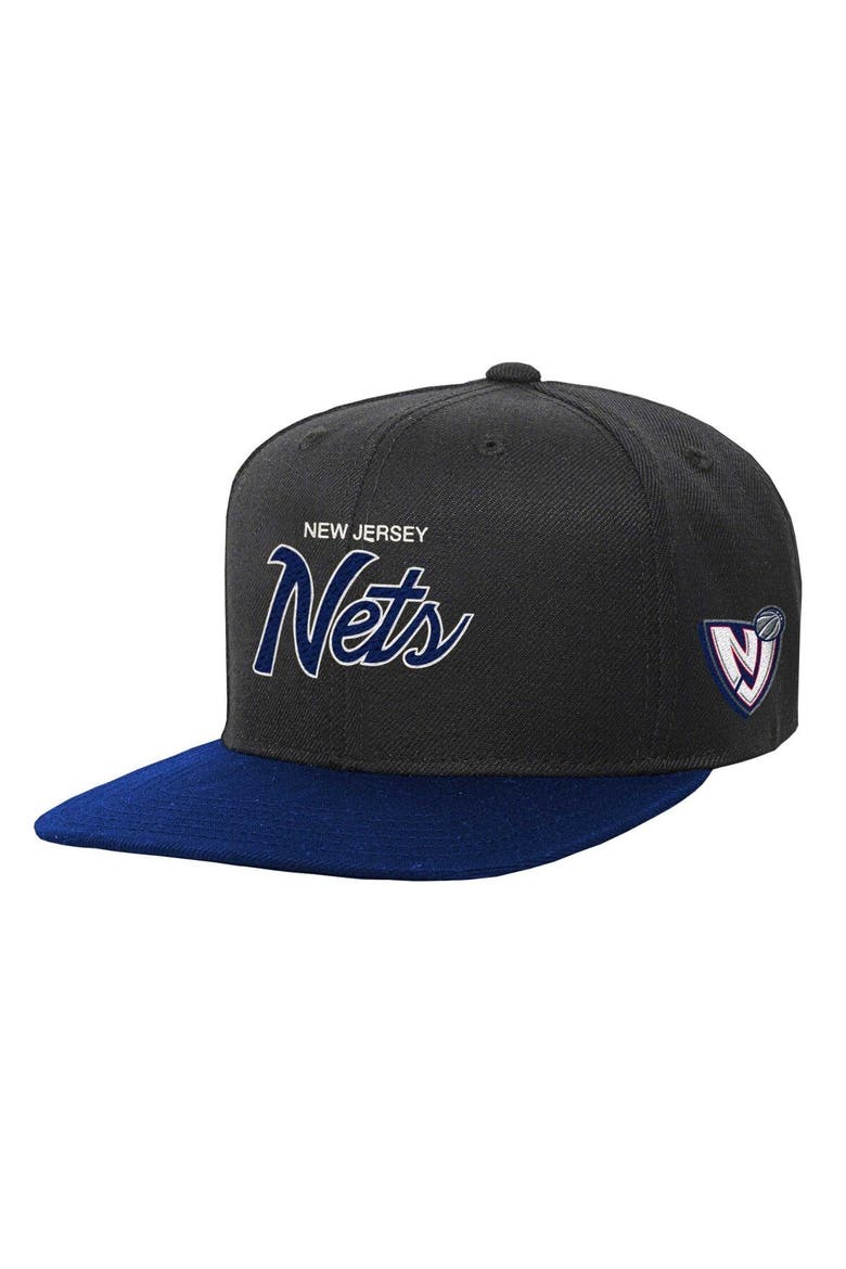 Youth Mitchell & Ness Black New Jersey Nets Team Script Snapback Hat, Main, color, Black