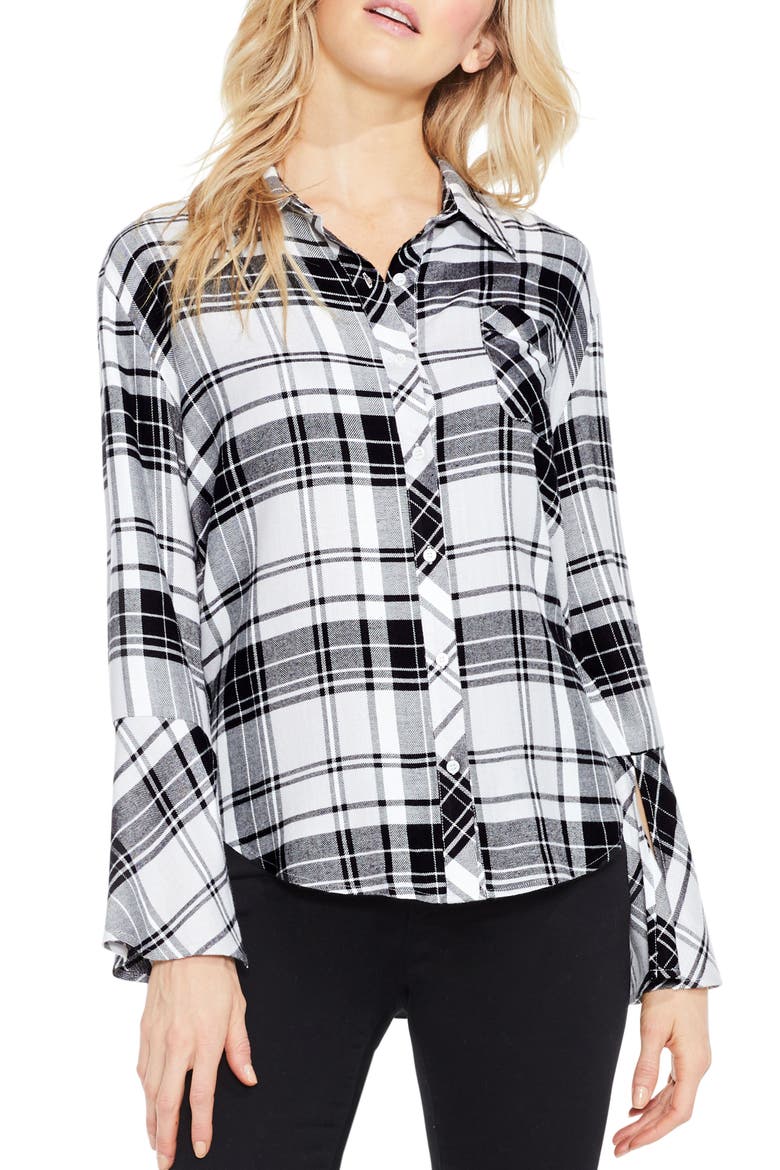 Plaid Bell Sleeve Shirt, Main, color, RICH BLACK