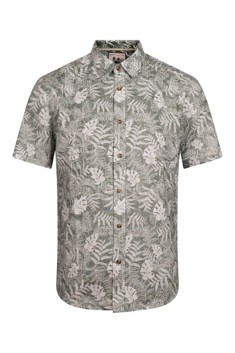 Tropical Print Short Sleeve Linen & Cotton Button-Up Shirt, Alternate, color, OLIVE