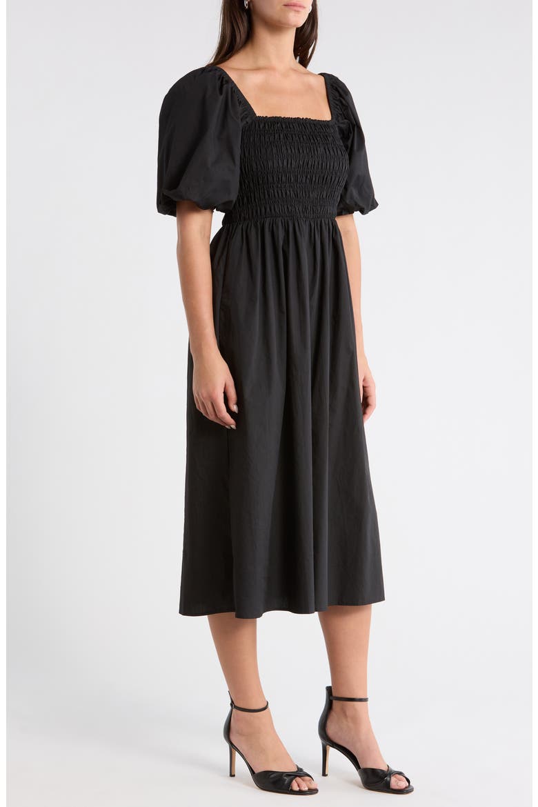 Sonia Bubble Sleeve Smocked Midi Dress, Alternate, color, BLACK