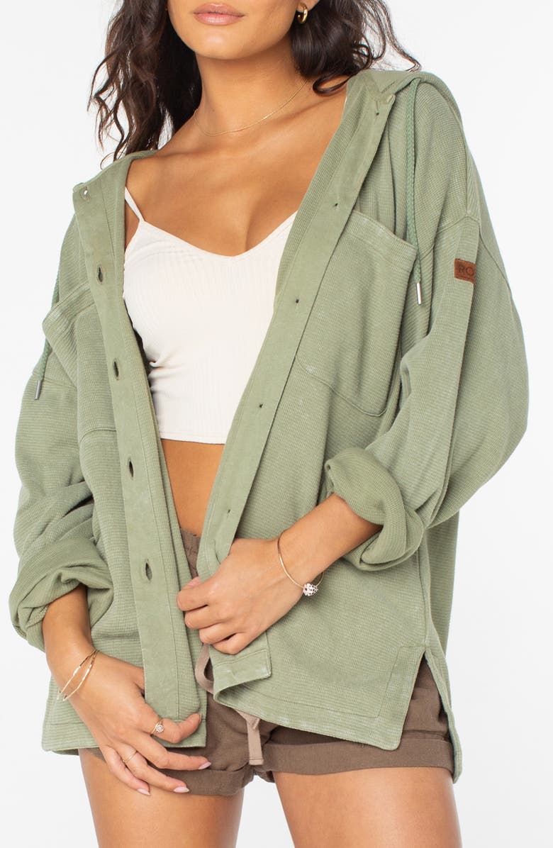 Roxy Clear Water Waffle Knit Button Front Hoodie, Main, color, Oil Green