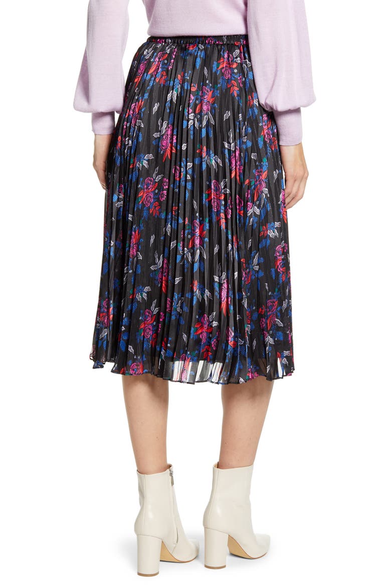 Pleated Woven Midi Skirt, Alternate, color, BLACK MULTI FLORAL