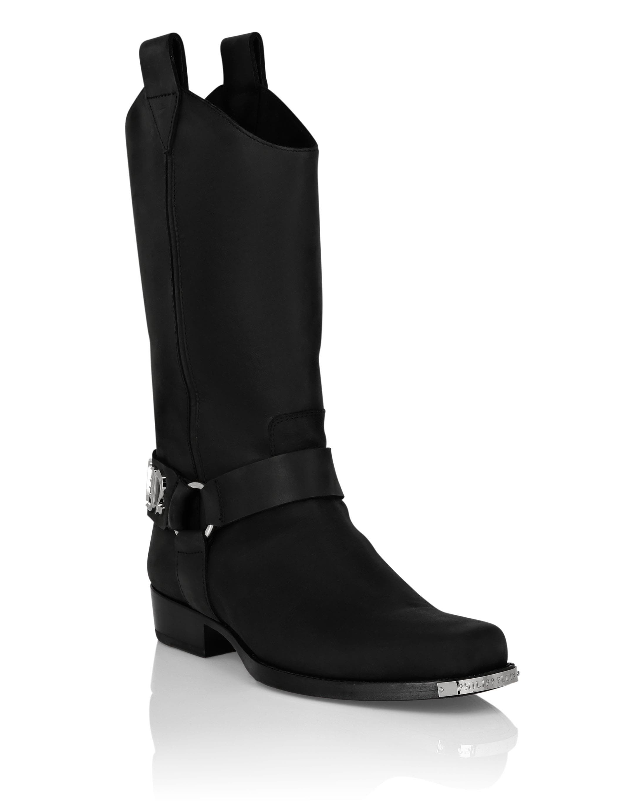 PHILIPP PLEIN Leather Boots Flat High Gothic Plein Men, Main, color, Black