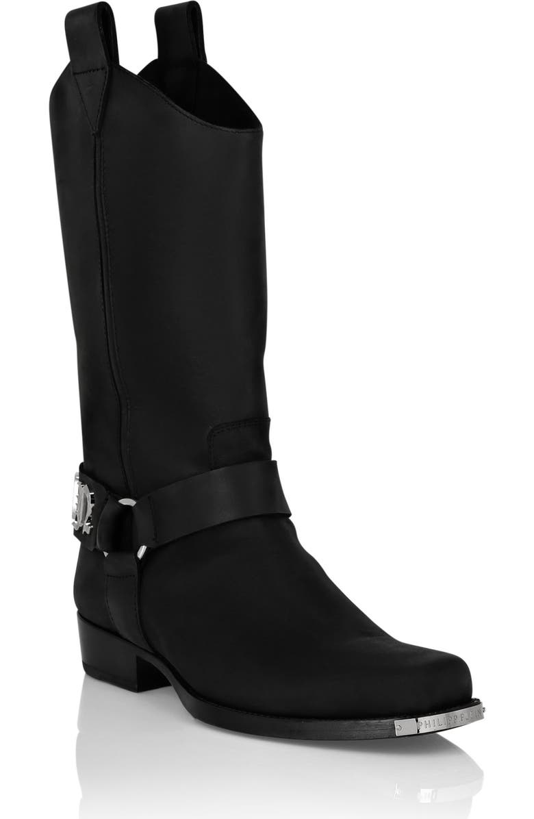 PHILIPP PLEIN Leather Boots Flat High Gothic Plein Men, Main, color, Black