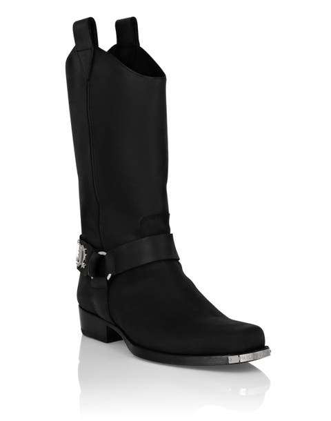 Leather Boots Flat High Gothic Plein Men