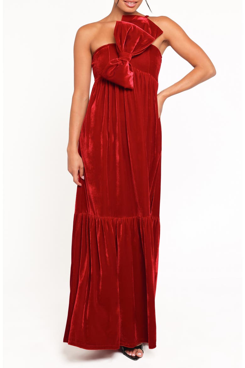 Betina Bow One-Shoulder Gown, Main, color, RED VELVET