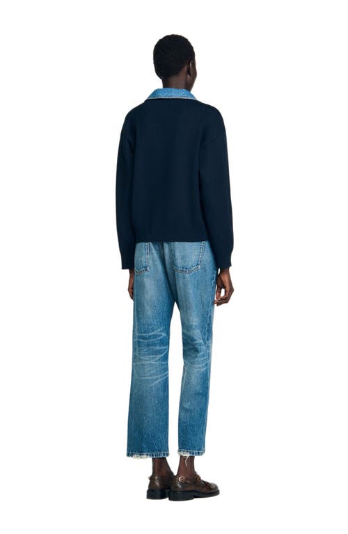 Sandro Womens Navy Blue Denim-detail Relaxed-fit Knitted Jumper In Blue