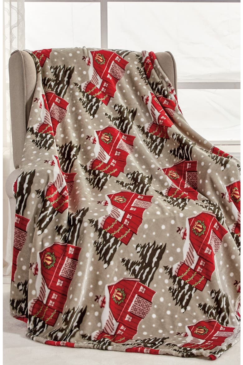 Snowy Barn Throw Blanket, Alternate, color, GREY/ RED