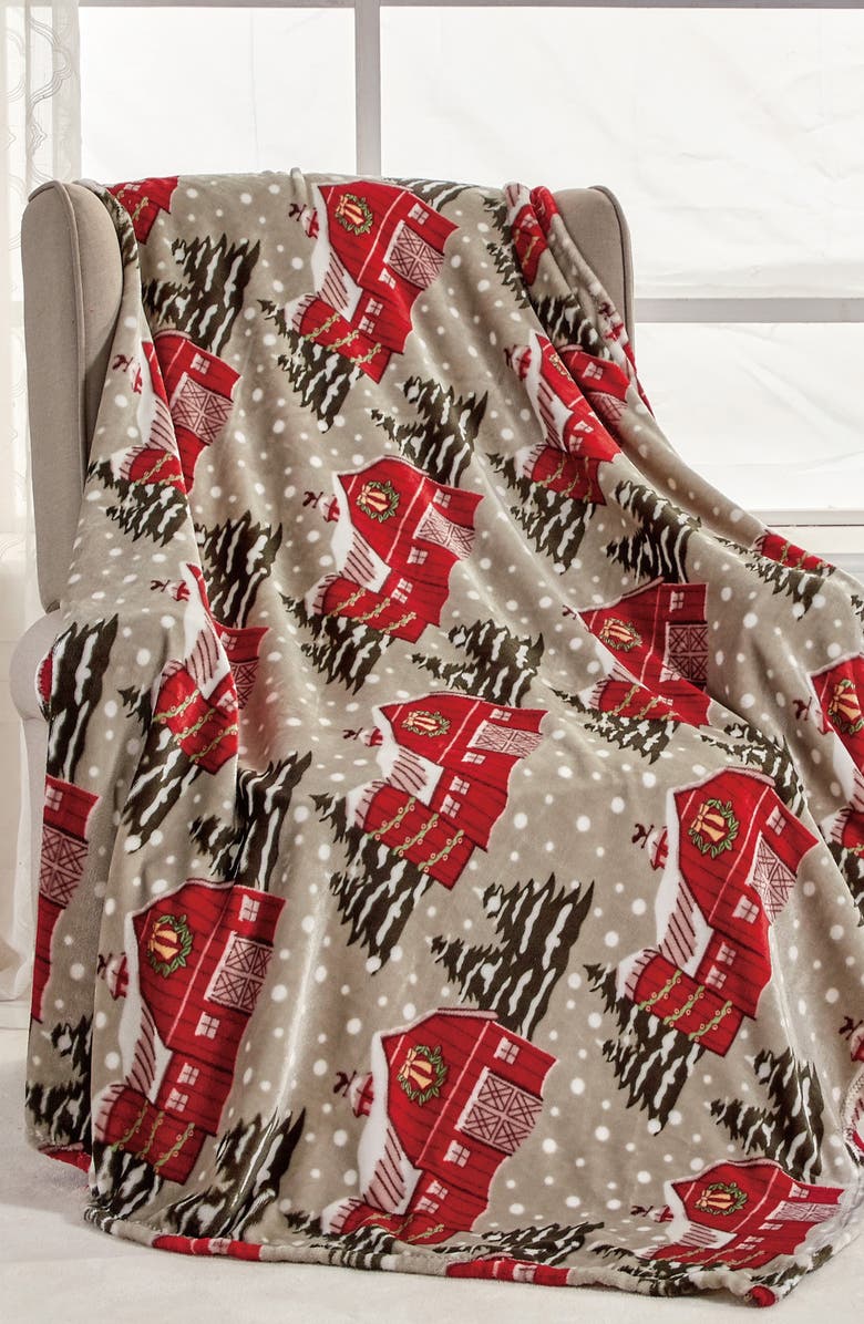 Luxury Home Snowy Barn Throw Blanket, Alternate, color, Grey/ Red