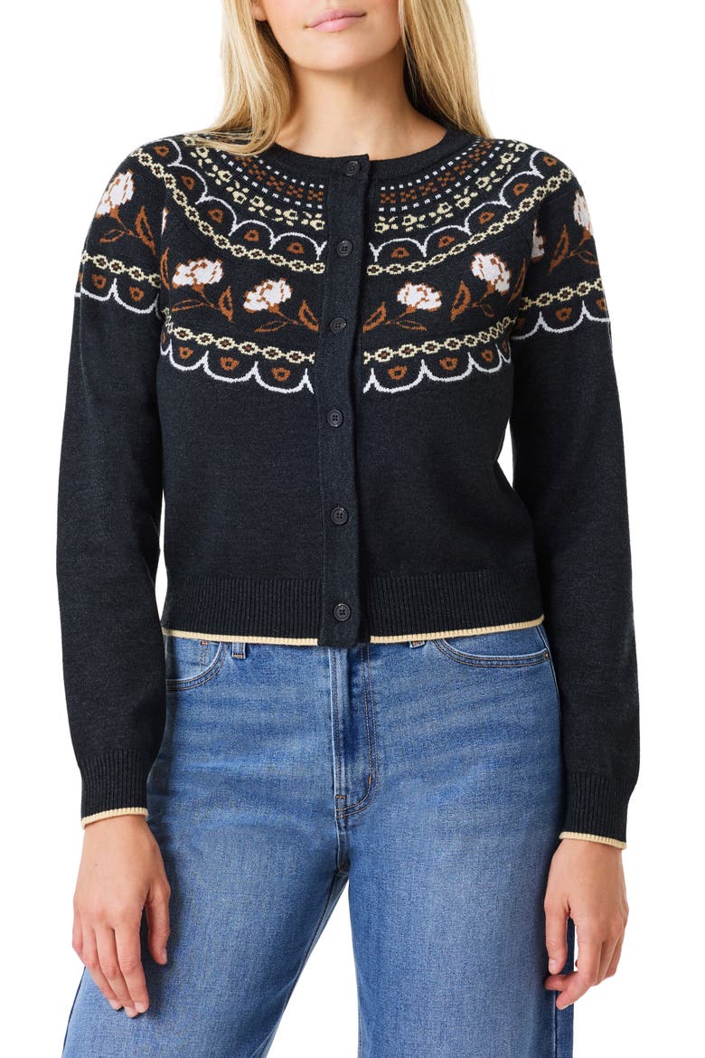 Border Detail Crewneck Cardigan, Main, color, CHARCOAL GREY/ SUGAR SWIZZLE