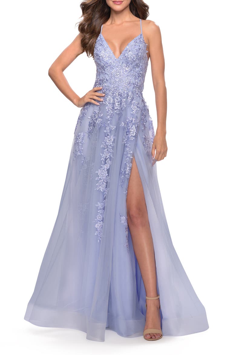 Tulle Prom Dress with Floral Detail and Side Slit, Alternate, color, Light Periwinkle
