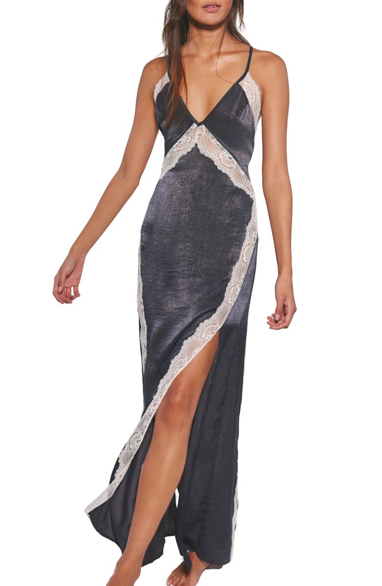 Free People Some Kind of Love Lace Trim Open Back Nightgown, Main, color, Black Combo