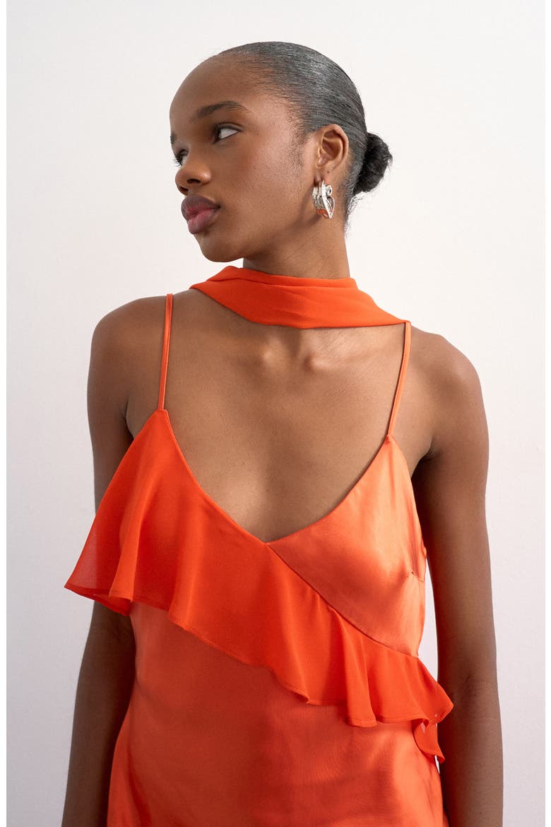 Satin & Chiffon Ruffle Maxi Slipdress, Alternate, color, ORANGE