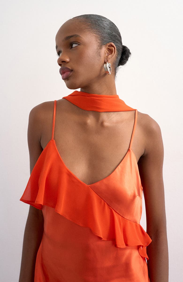 Topshop Satin & Chiffon Ruffle Maxi Slipdress, Alternate, color, Orange