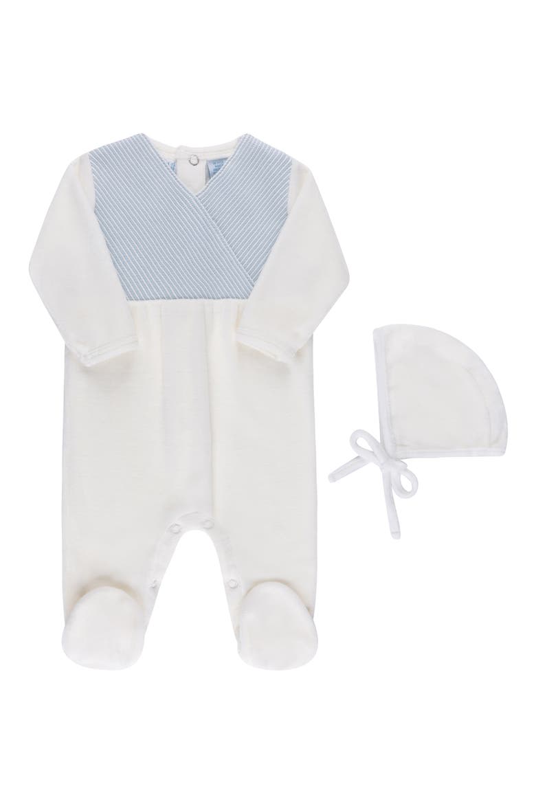 Faux Wrap Cotton Blend Velour Footie & Hat Set, Main, color, IVORY/BLUE
