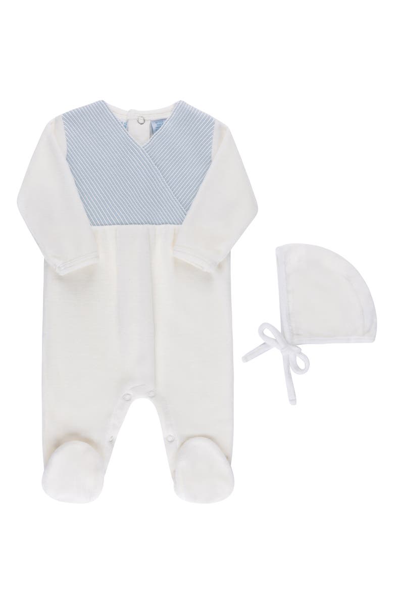 Feltman Brothers Faux Wrap Cotton Blend Velour Footie & Hat Set, Main, color, Ivory/Blue