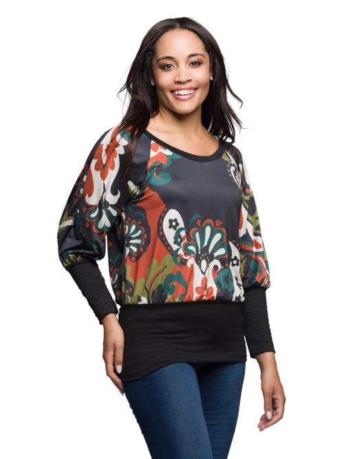 24seven Comfort Apparel Paisley Print Dolman Sleeve Banded Top In Black