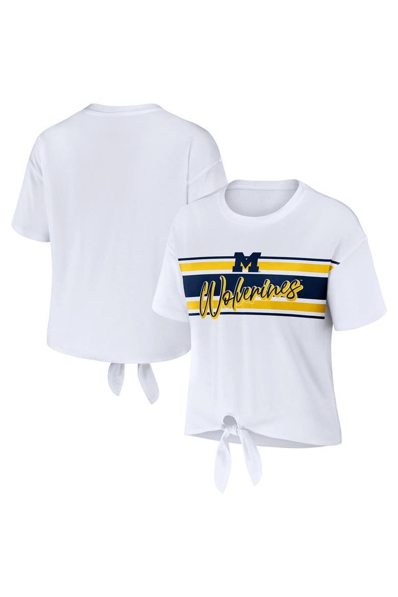 Women's WEAR by Erin Andrews White Michigan Wolverines Striped Front Knot Cropped T-Shirt, Main, color, White