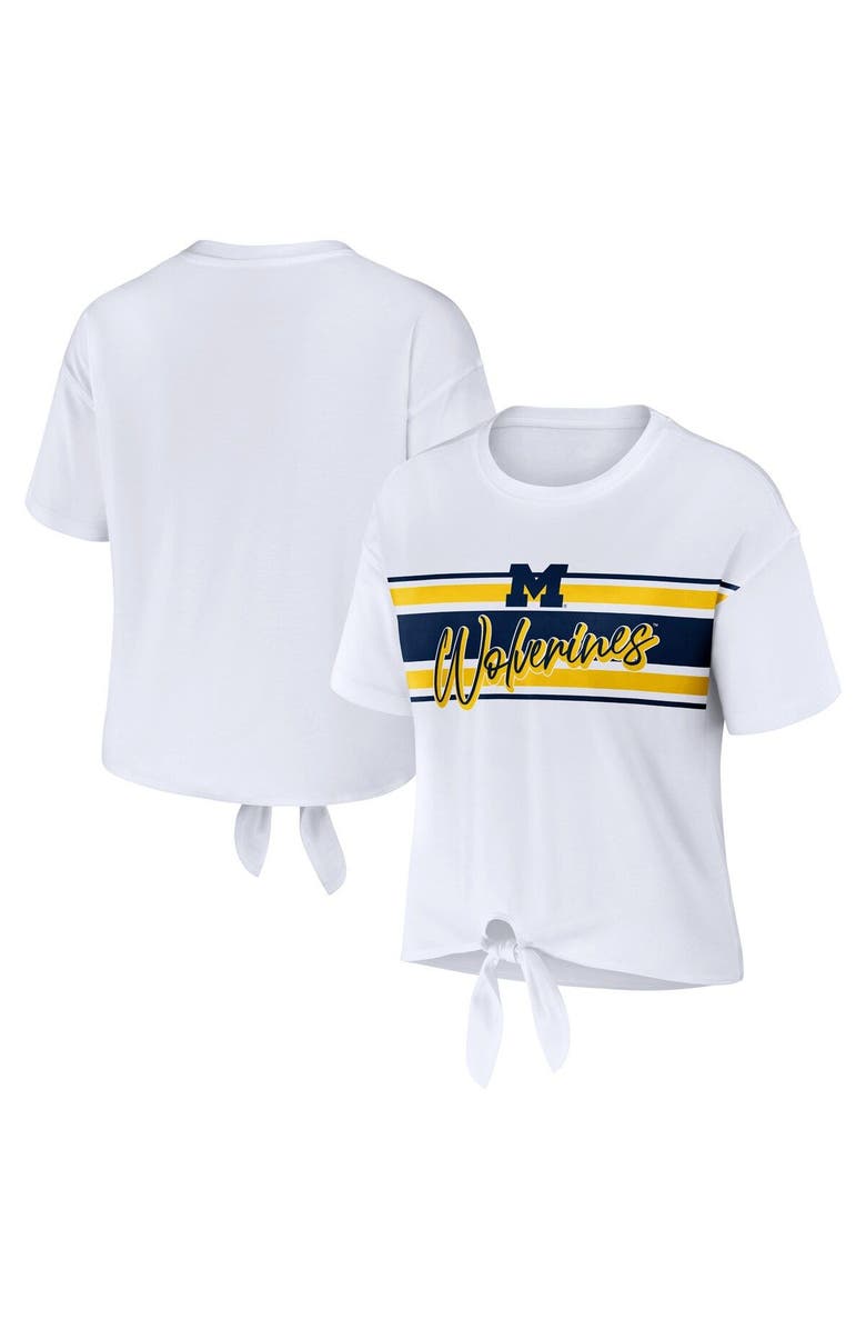 WEAR by Erin Andrews Women's WEAR by Erin Andrews White Michigan Wolverines Striped Front Knot Cropped T-Shirt, Main, color, White