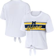 WEAR by Erin Andrews Women's WEAR by Erin Andrews White Michigan Wolverines Striped Front Knot Cropped T-Shirt