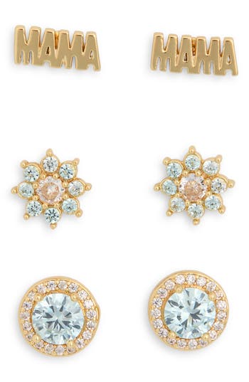 Leith Set Of 3 Demi-fine Cubic Zirconia Mama Stud Earrings In Clear- Gold