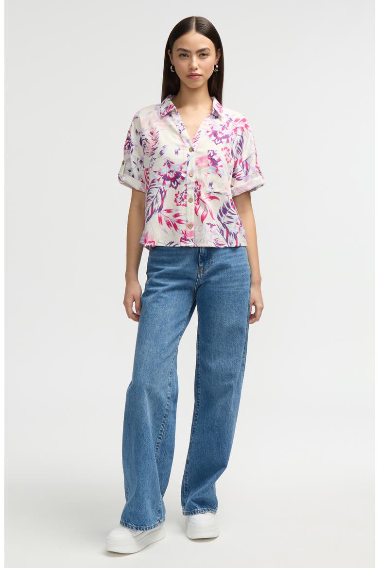 Short Sleeve Crop Button-Up Shirt, Alternate, color, TROPICAL PINK
