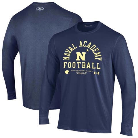 Men's Under Armour Navy Navy Midshipmen 2025 Sideline Football Performance Cotton Long Sleeve T-Shirt