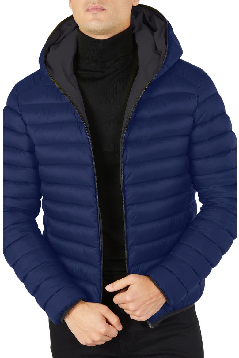 Ezra Water Resistant Reversible Puffer Jacket, Main, color, GREY BLACK/ ECLIPSE BLUE