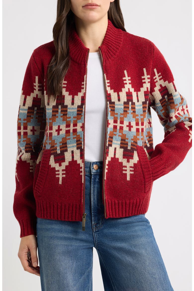 Jacquard Zip-Up Cardigan, Alternate, color, CHILI RED MULTI