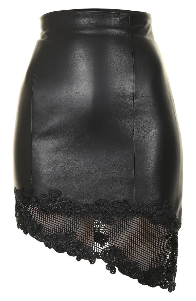 Balmain Lace Hem Lambskin Leather Miniskirt, Alternate, color,