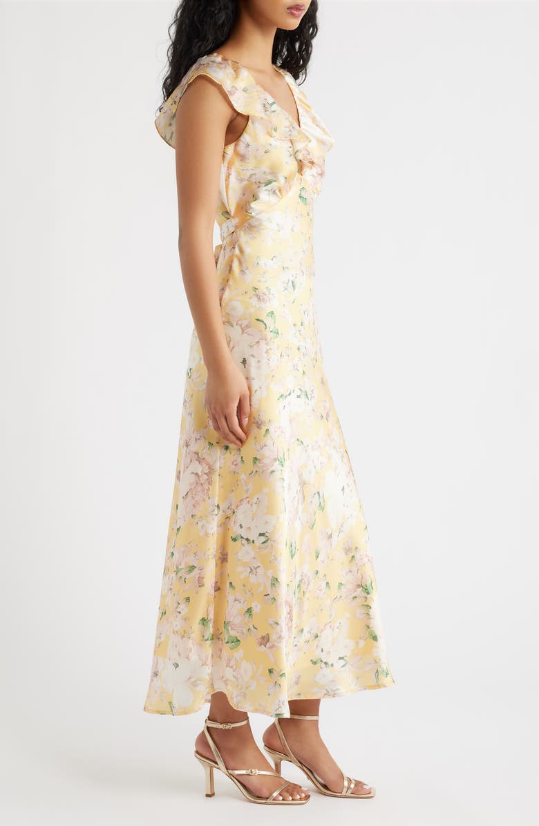 Lulus Carter Ruffle Neck Tie Back Maxi Dress, Alternate, color, Yellow Floral