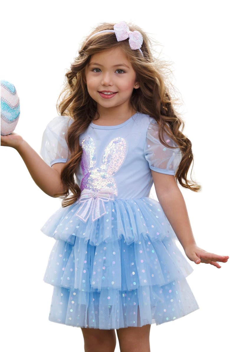 Mia Belle Girls Girls Sequin Bunny Tulle Ruffle Dress, Main, color, Blue