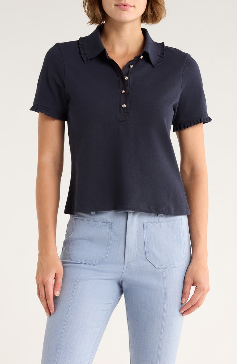 Cinq à Sept Aster Crystal Button Cotton Polo Shirt, Main, color, Navy