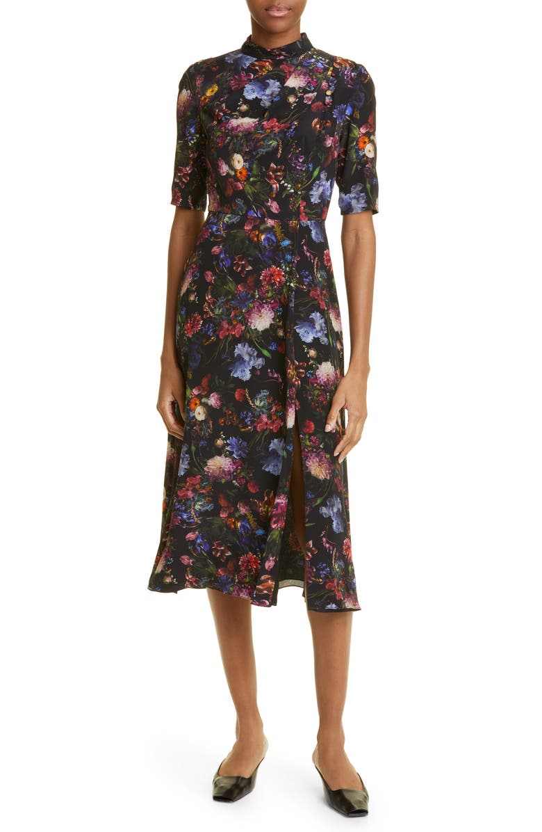 Adam Lippes Floral Print Pleated Neck Silk Dress, Main, color, 