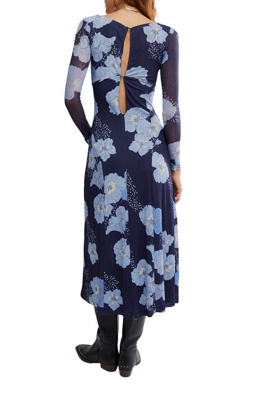 Free People Calla Floral Long Sleeve Knit Midi Dress In Blue