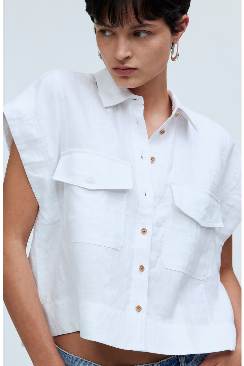 Flap Pocket Linen Button-Up Shirt, Alternate, color, EYELET WHITE