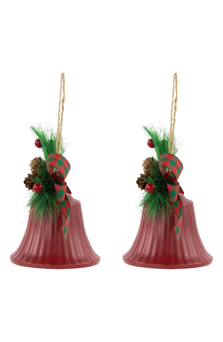 Northlight Bells with Pine Sprigs and Bow Christmas Ornaments- 7" - Red - Set of 2, Alternate, color, Red