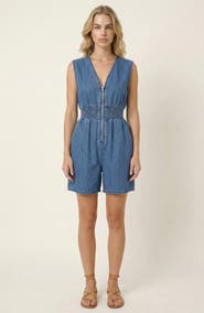 Modenaire Denim Cap Sleeve Smocked Romper