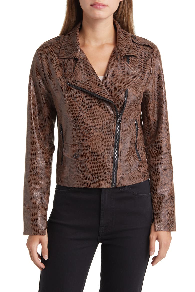 Liana Faux Shearling Collar Faux Snakeskin Moto Jacket, Alternate, color, COCOA POWDER SNAKE
