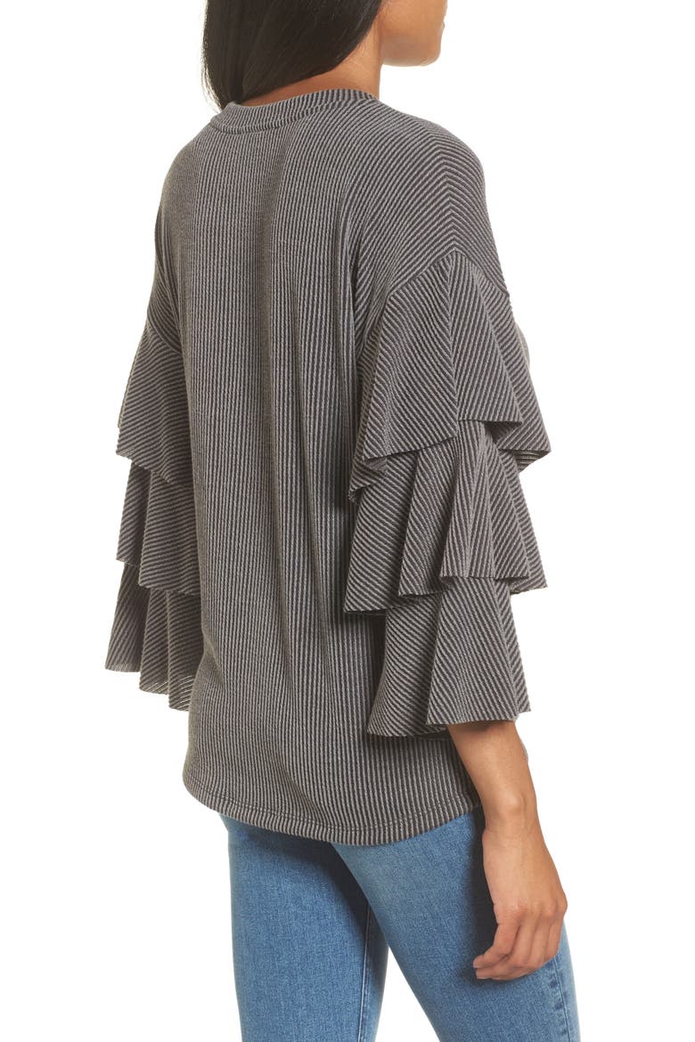 Ribbed Ruffle Sleeve Top, Alternate, color, WASHED BLACK