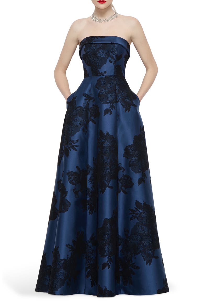 Sara Floral Lace Strapless Satin Gown, Main, color, SOFT NAVY/ BLACK