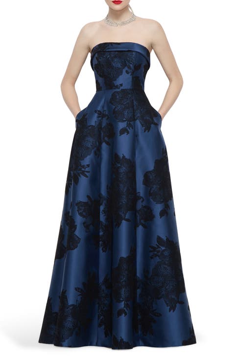 Sara Floral Lace Strapless Satin Gown